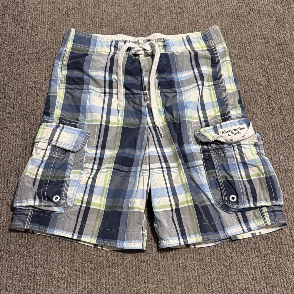 Abercrombie & Fitch Mens M Swim Trunk Shorts Cargo Blue Green Plaid